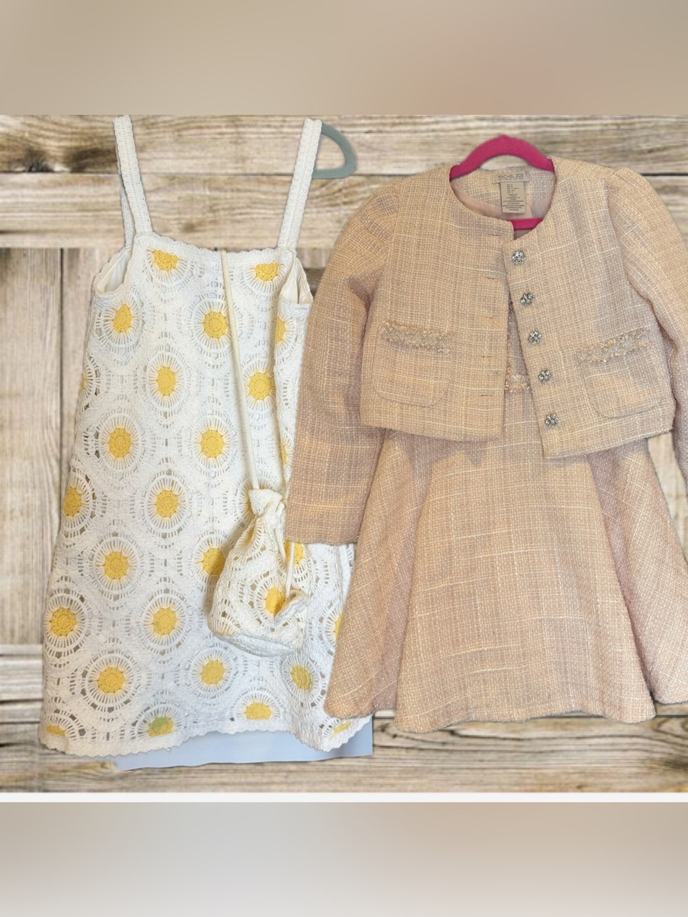 Girls Crochet Sundress with Yellow Daisy Accents & Beige Tweed Jacket Set Size 6